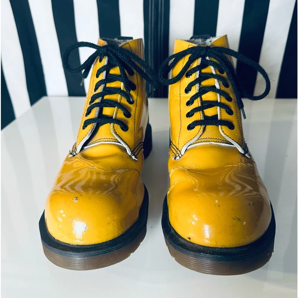 Dr. Martens RARE Vintage Patent Leather YELLOW Steel Toe Boots - Made in England